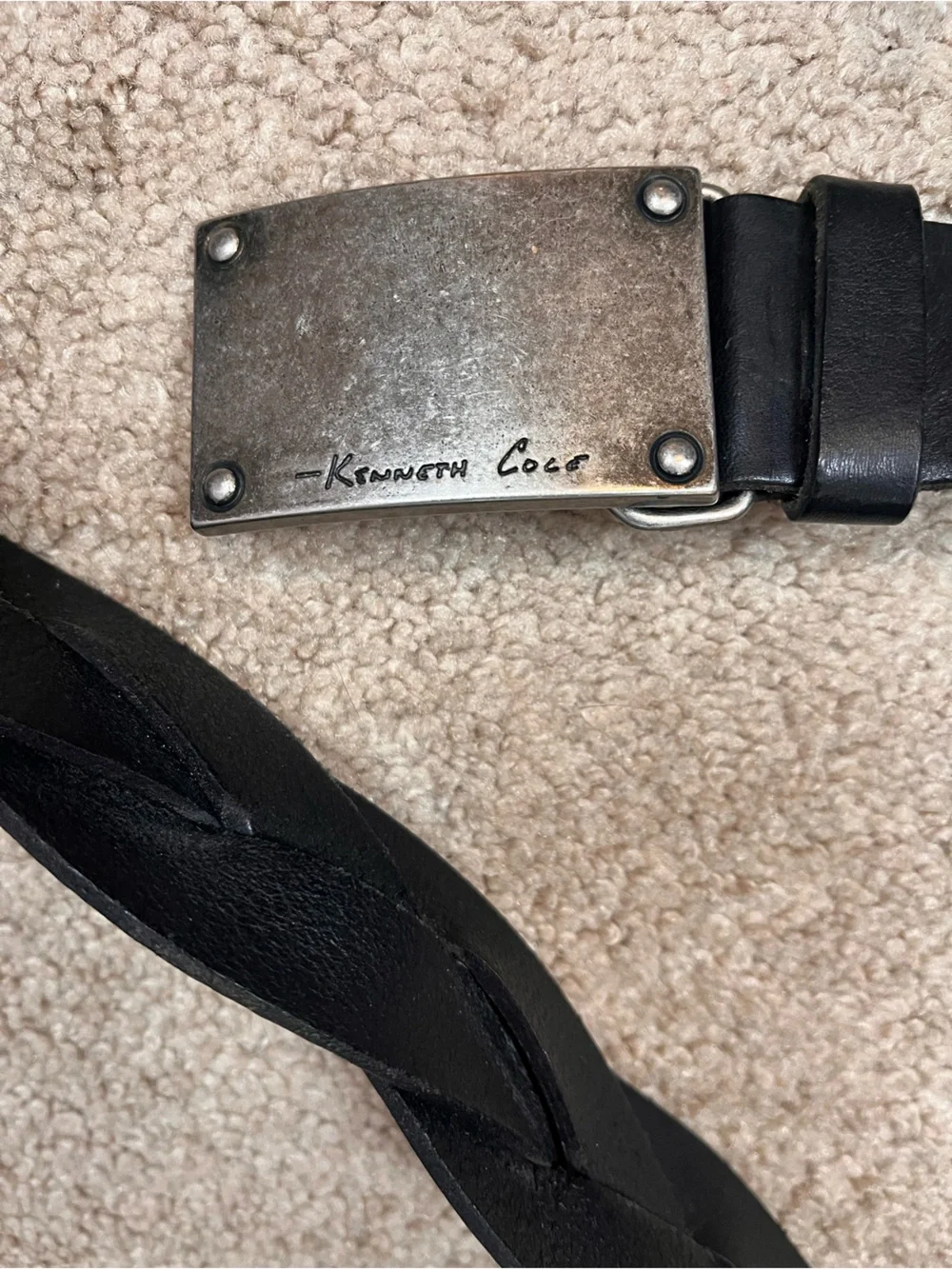 Kenneth Cole Black Leather Braided Belt Distressed Silver Buckle Size 36
